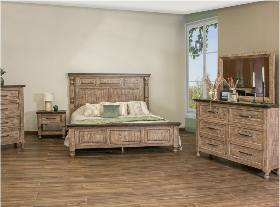 Bedroom Set With Weathered Five Piece Suite and Paneled Headboard