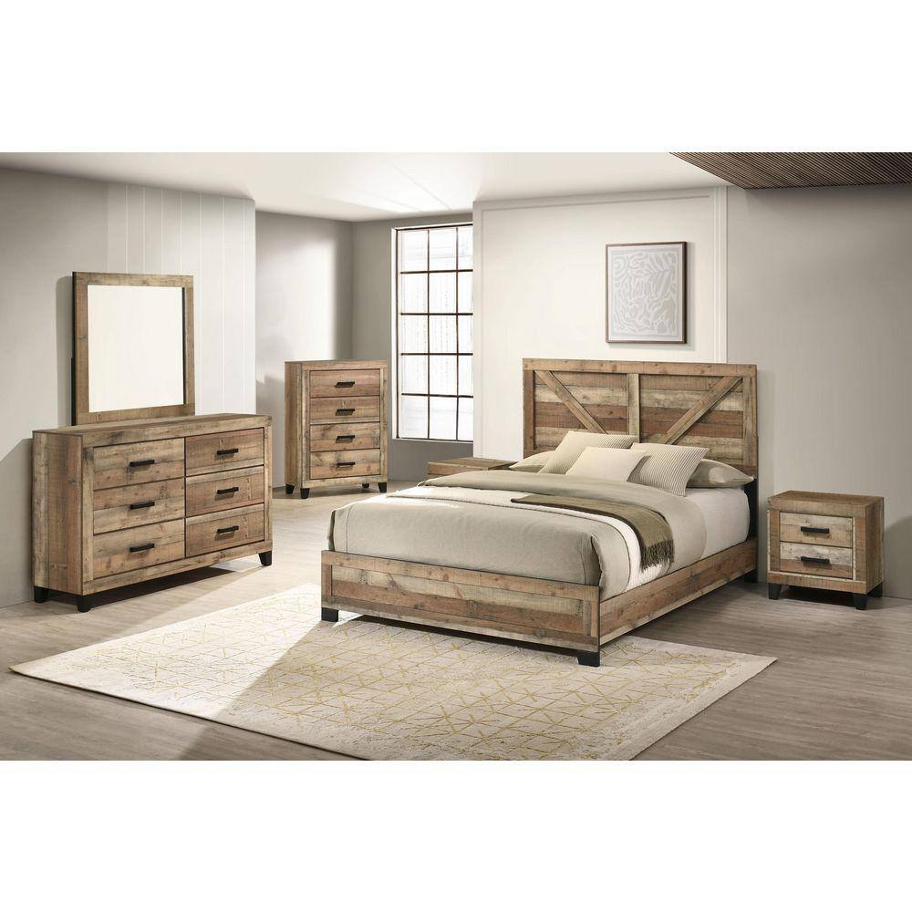 Bedroom Set With X-Brace Headboard and Weathered Brown Look