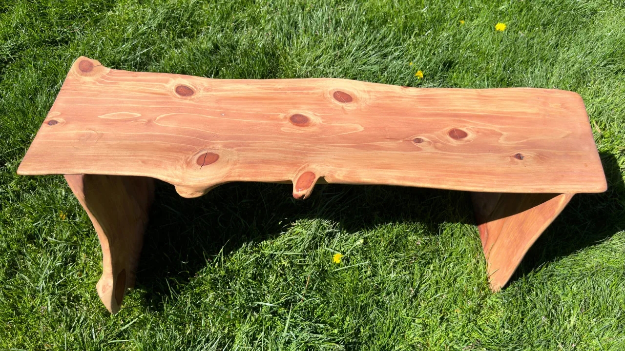 Bench in Solid Redwood with Natural Live Edge Slab