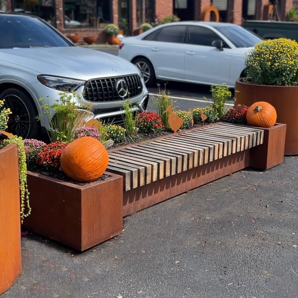 Bench Planter with Weathered Finish and Industrial Planter Bench