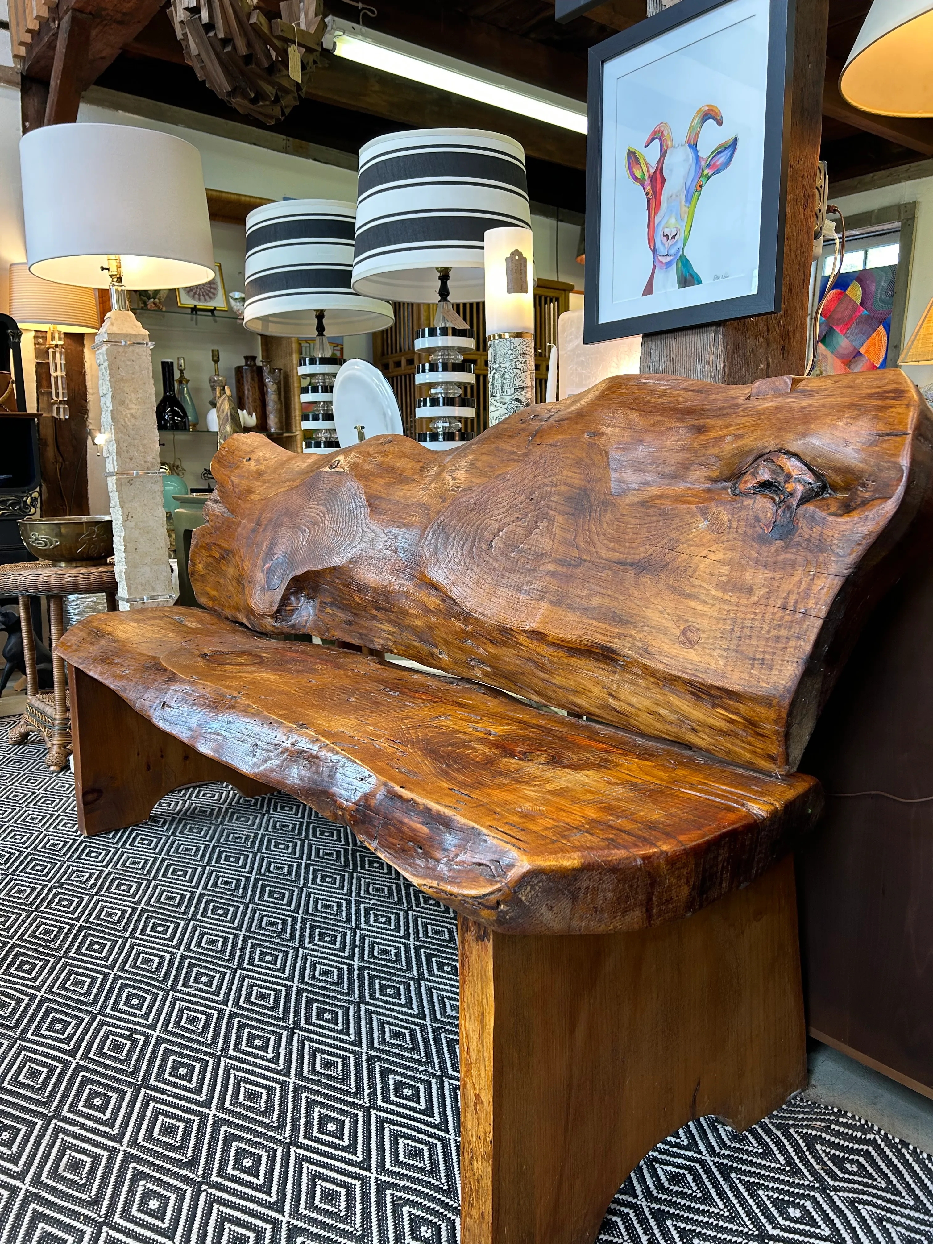 Bench showcasing Sculptural Back and Live Edge Pine