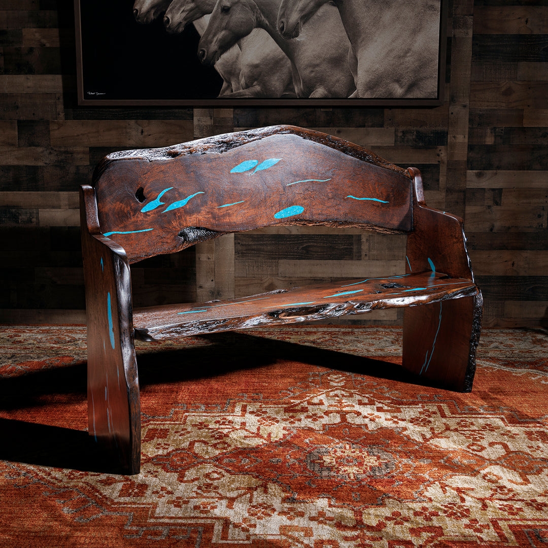 Bench with Turquoise Stone Inlay and High Back