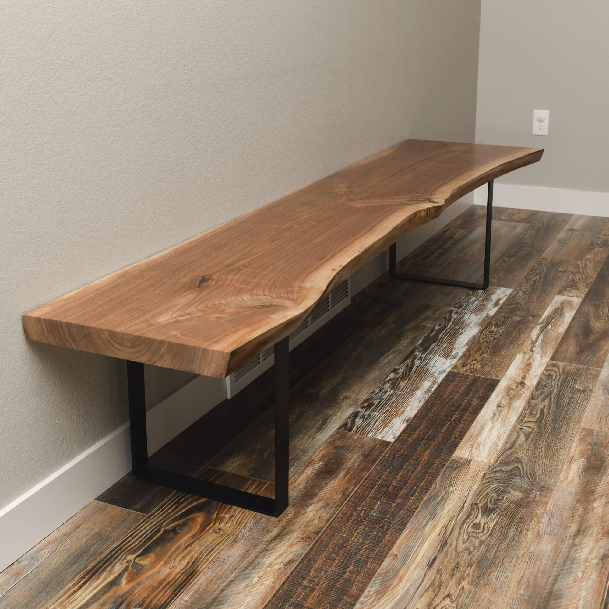 Bench with Walnut Brown Slab and Industrial Metal Legs
