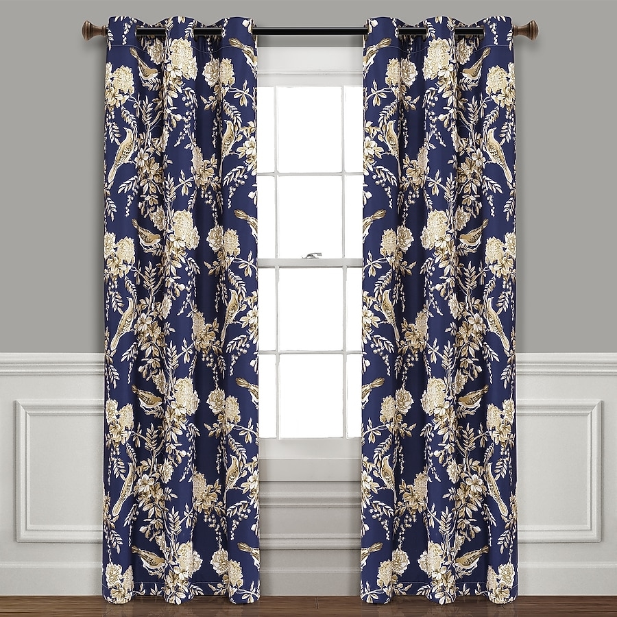 Blackout Curtain: Bird Print Motifs, Blue and Taupe Floral Drapes