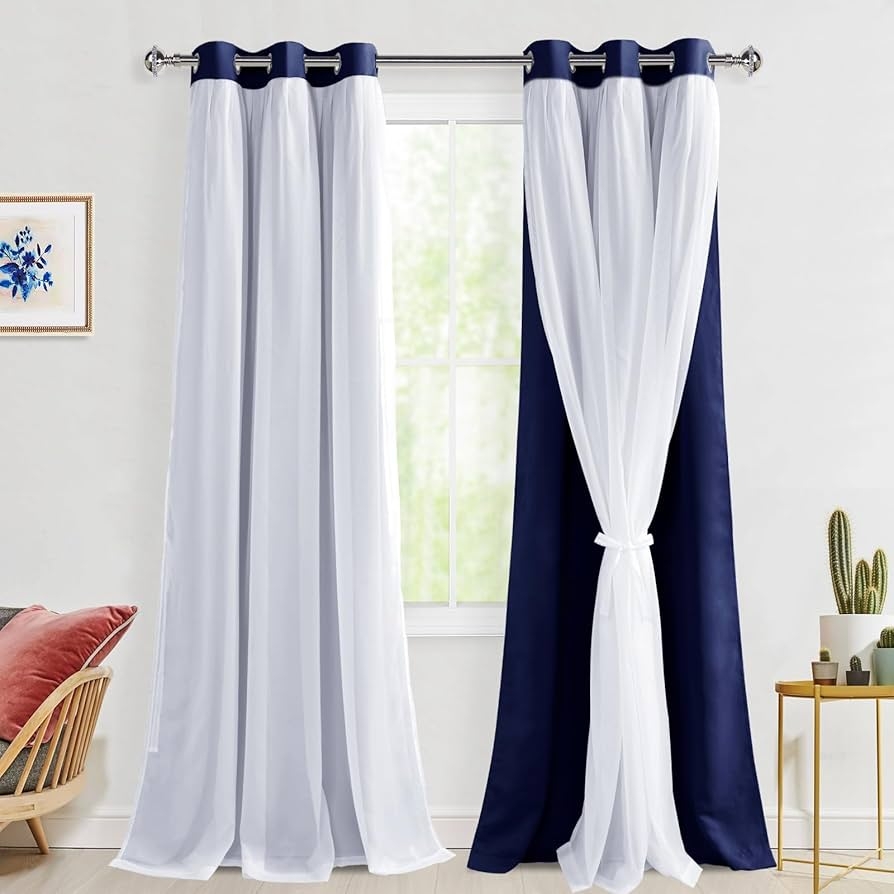 Blackout Curtains: Double Layer Sheer Overlays, Deep Blue Panels