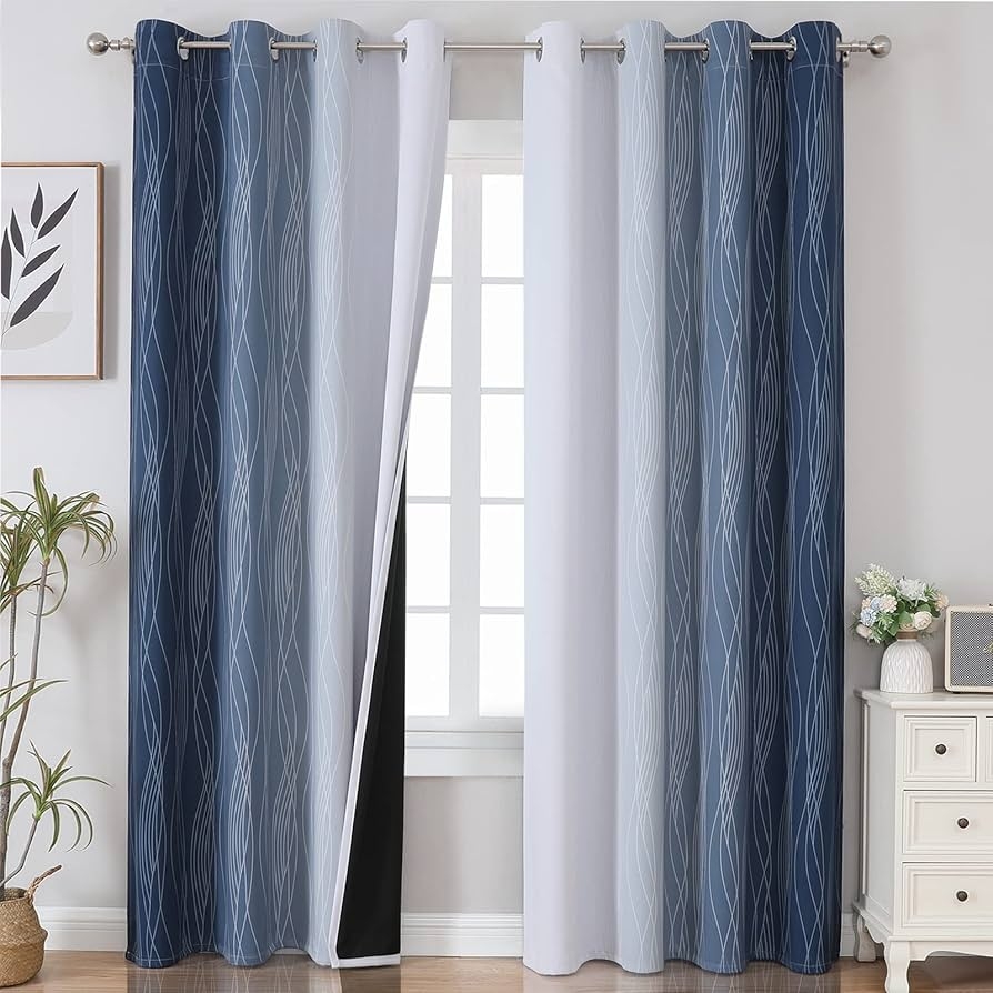 Blackout Curtains: Navy Ombre Effects with Wavy Vertical Lines
