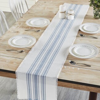 Blue Table Runner: Ticking Stripes and Frayed Trim
