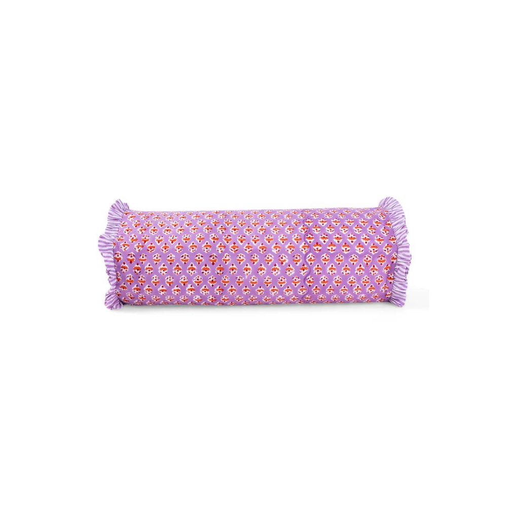 Bolster Pillow Lavender Block Print Pattern Ruffles