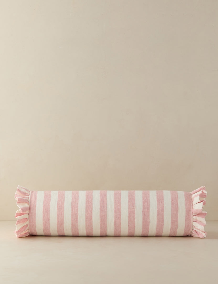 Bolster Pillow Striped Linen Ruffled Edges Blush Pink