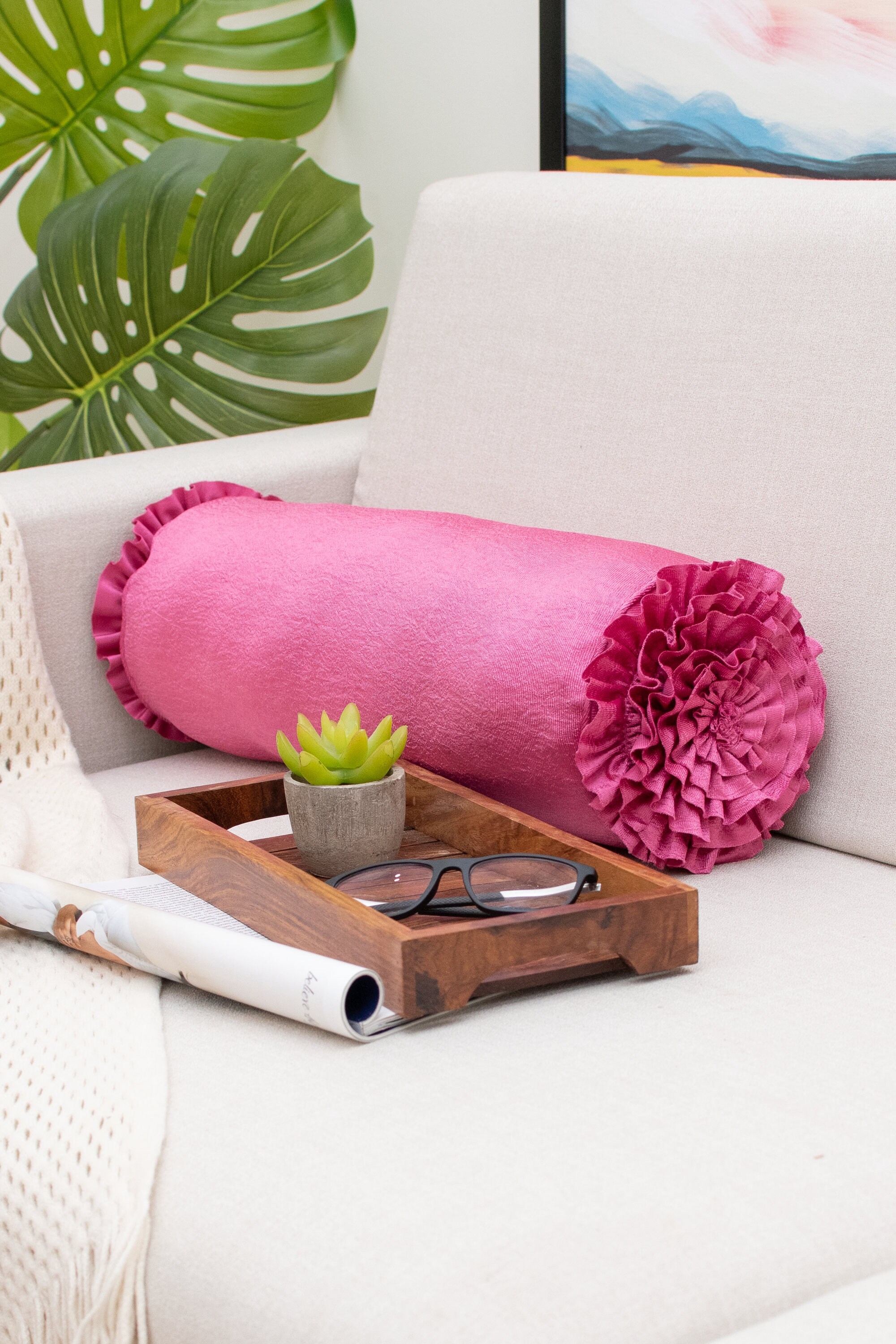 Bolster Pillow Tiered Frills Hot Pink Ruffled Cover