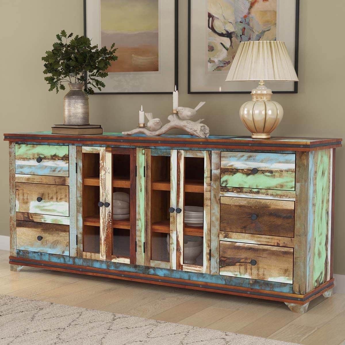 Buffet Cabinet with Glass Front and Multi Colored Sideboard