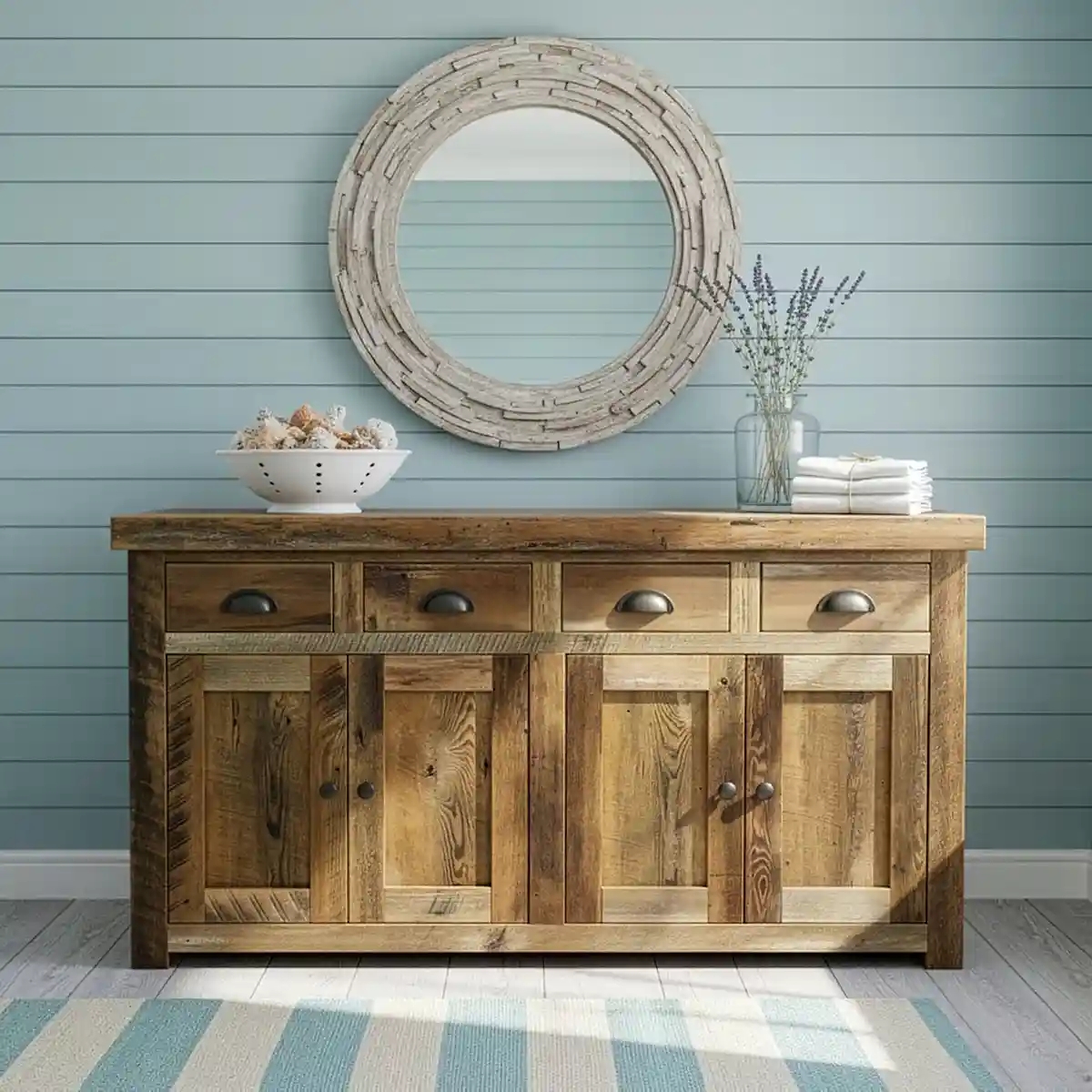 Buffet with Blue Shiplap Contrast and Reclaimed Barnwood Buffet
