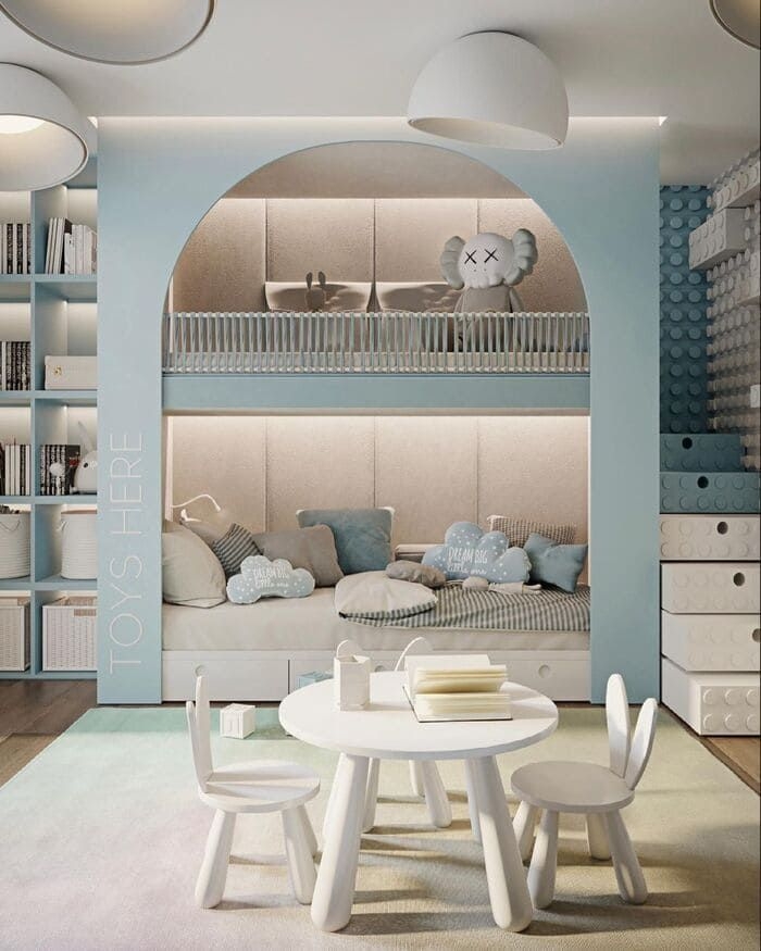 Built-In Bunk Bed: Arched Surround Design With Blue Bunny Chairs