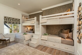 Built-In Bunk Bed: Mosaic Accent Wall and Staircase Drawer Storage