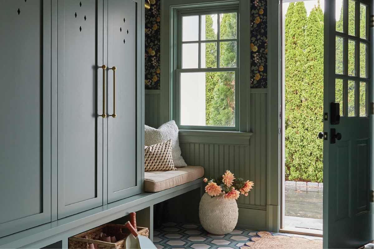 Built In Mudroom with Botanical Wallpaper and Sage Green