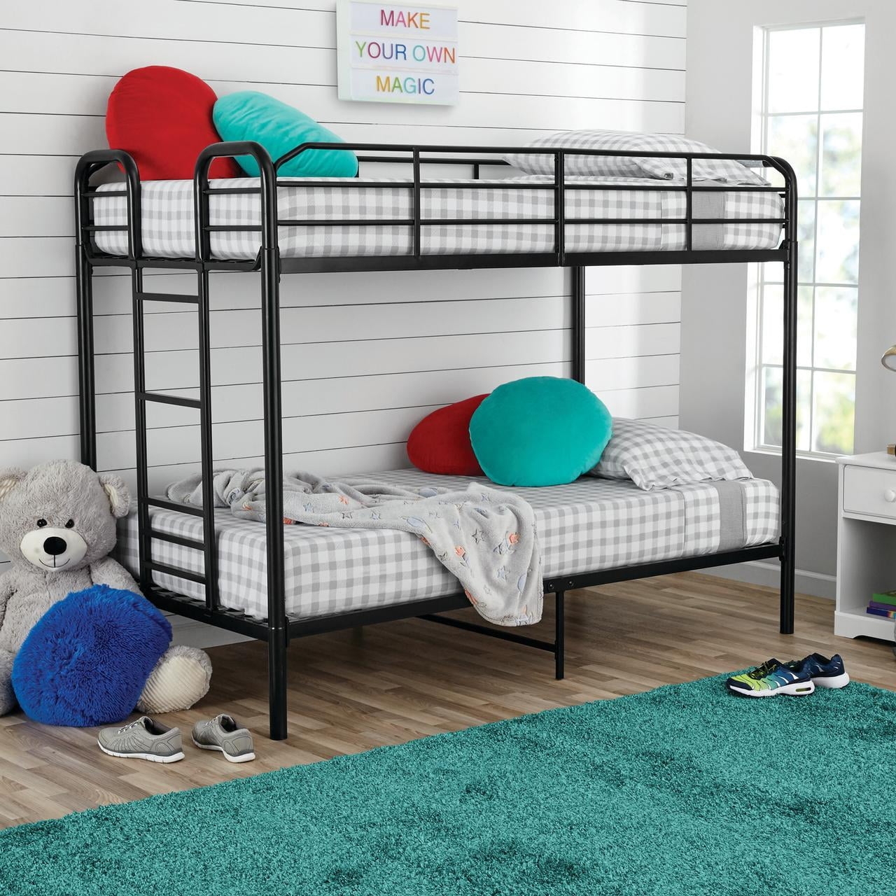 Bunk Bed: Black Metal Frame Integrated Side Ladder