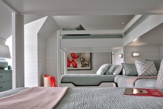 Bunk Bed: Coastal Shiplap Built-In Design With Red Art Accents