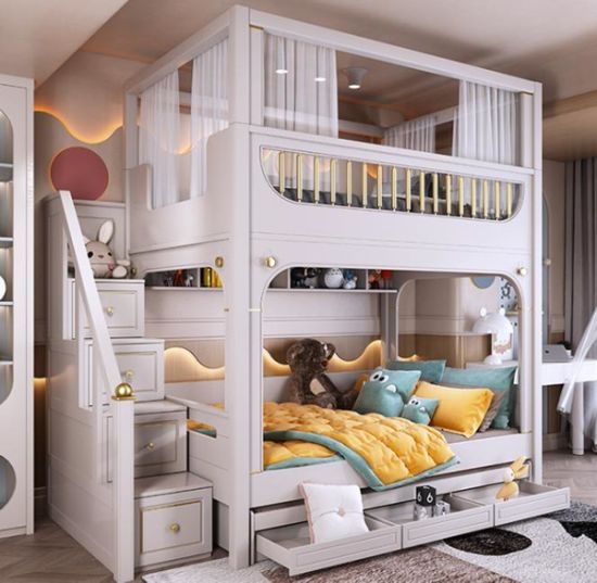 Bunk Bed: Cream Canopy Frame and Kids Storage Stairs Bunk Bed