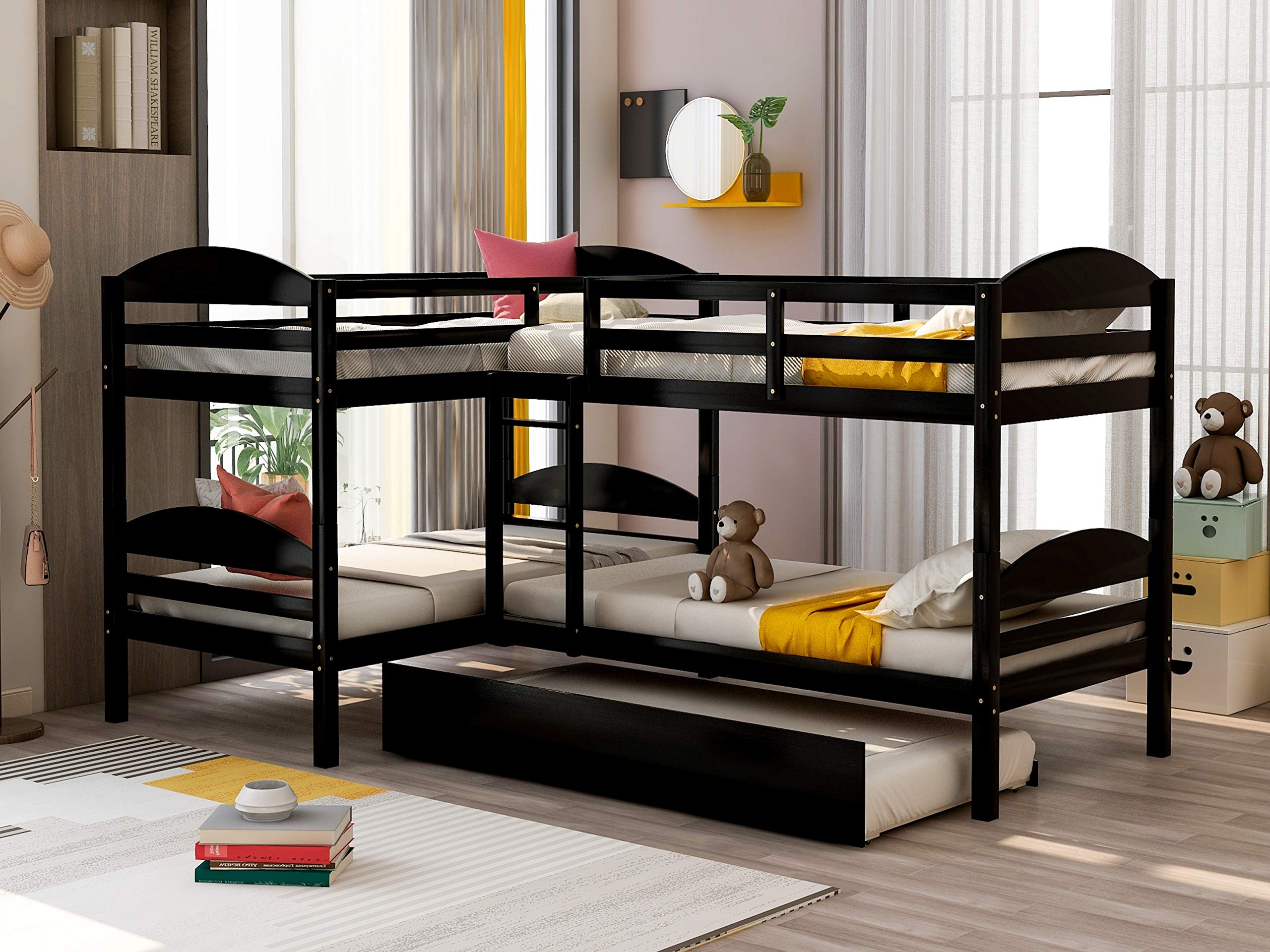 Bunk Bed: Espresso Finish L-Shaped Quad Capacity Bed