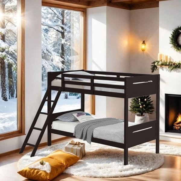 Bunk Bed: Espresso Slatted Guardrail Twin Over Twin Bunk Bed