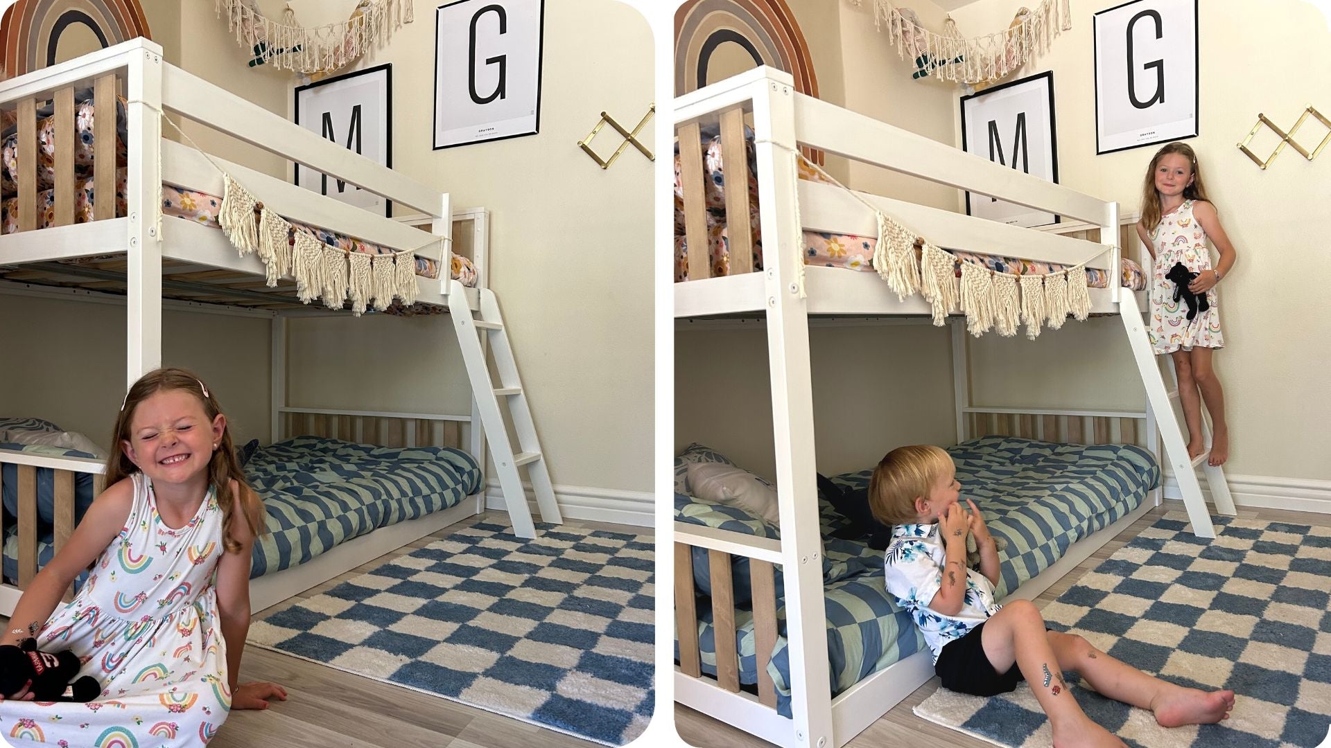 Bunk Bed Floor Level Bunk and Checkered Rug Decor