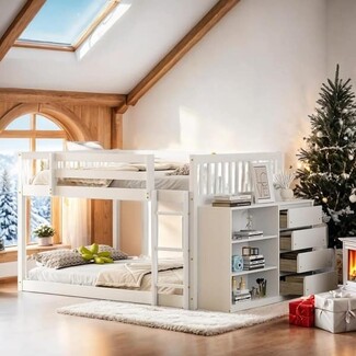 Bunk Bed: Full Over Full White Side Dresser Bunk Bed With Drawers