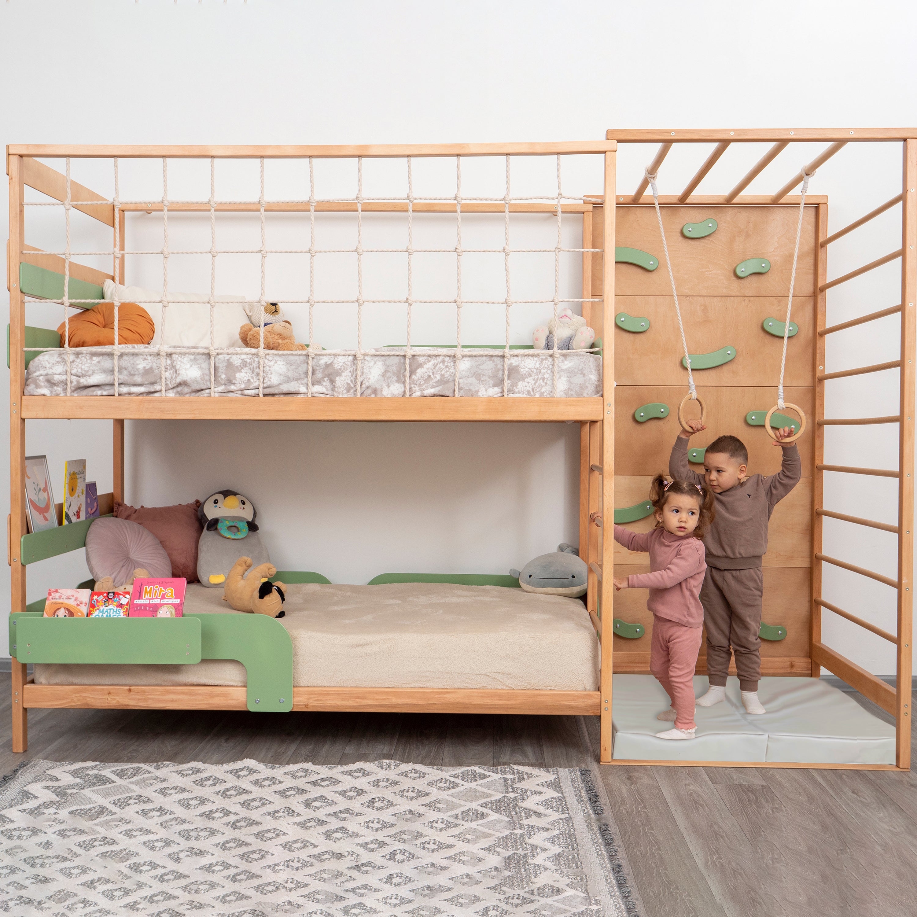 Bunk Bed Gym Safety Netting and Sage Green Play Bed