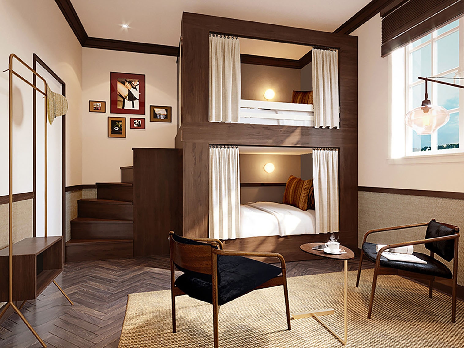 Bunk Bed: Herringbone Floor Built-In Staircase Luxury Bunk Bed