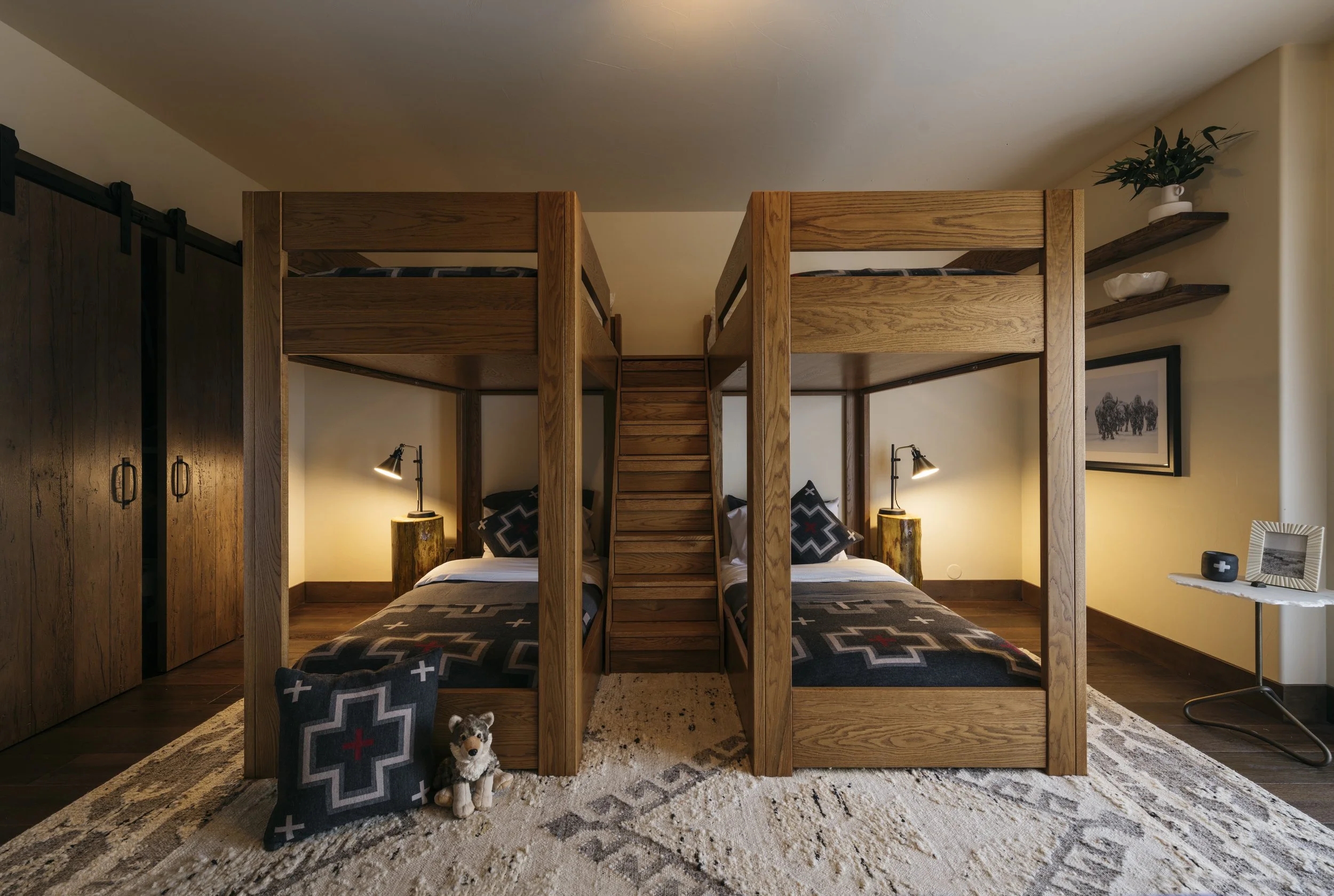 Bunk Bed: Honey Brown Central Staircase Custom Wood Bunk Beds