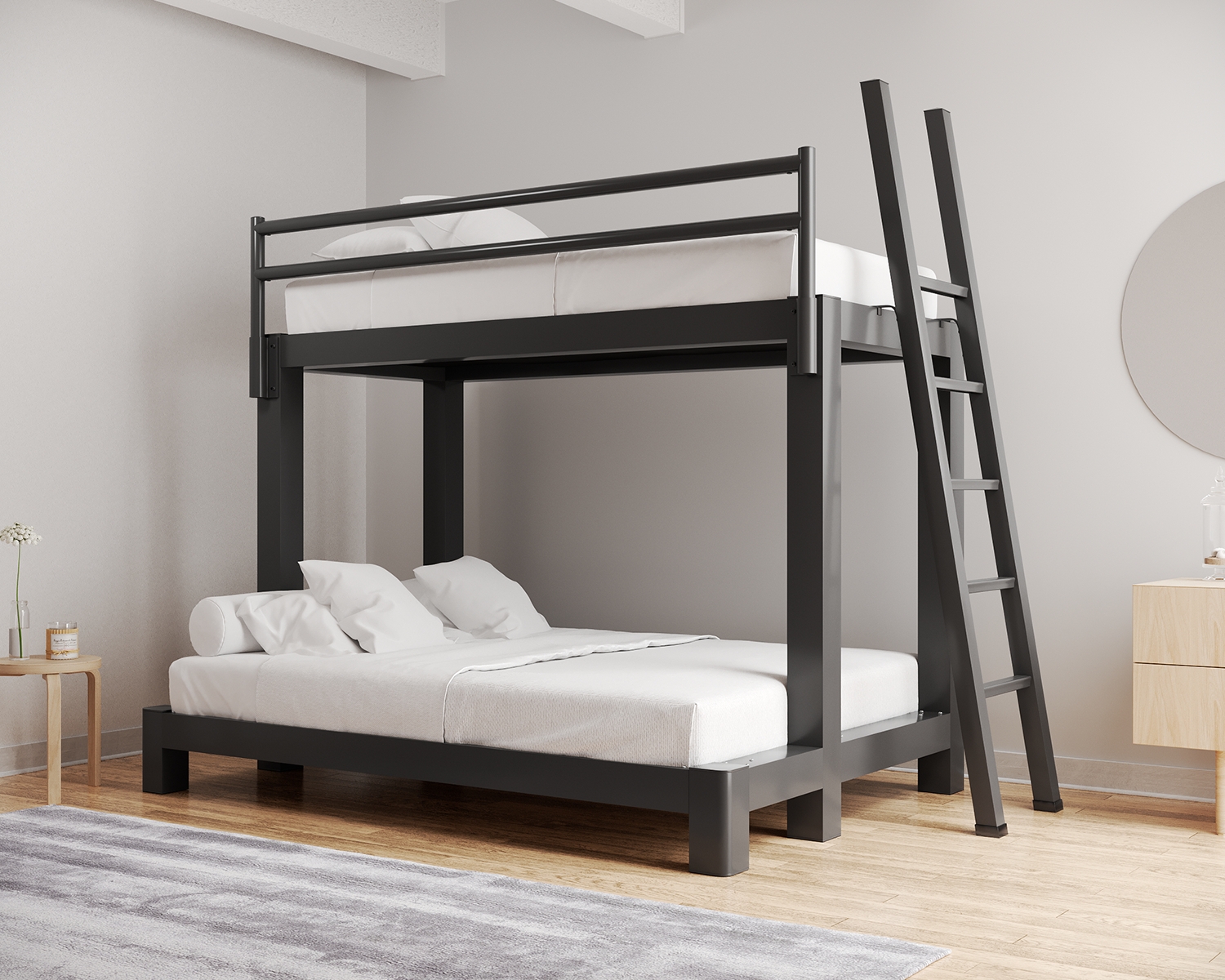 Bunk Bed: Industrial Metal Queen Bottom Bunk Bed With Ladder