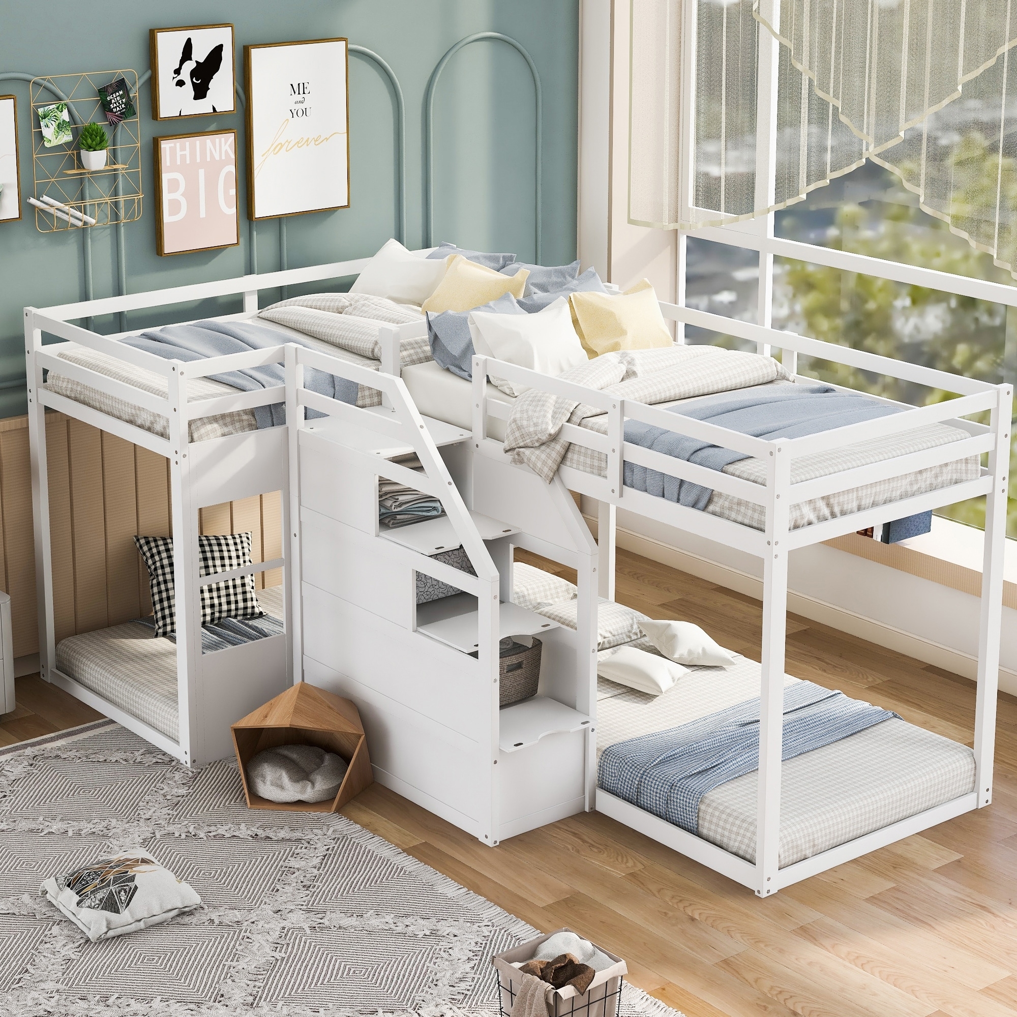 Bunk Bed: L-Shaped Loft White Wood Storage Cubbies