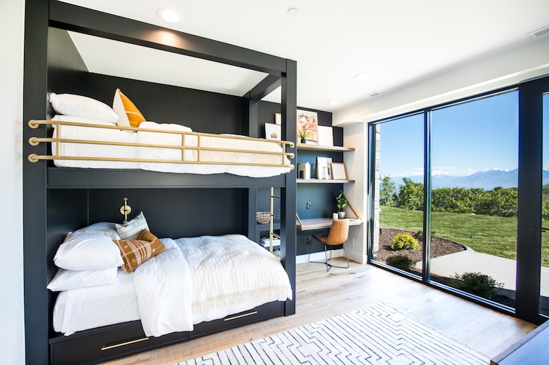 Bunk Bed: Matte Black Built-In Bed With Desk and Brass Rails