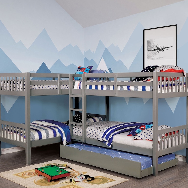 Bunk Bed: Pull-Out Trundle Grey L-Shaped Design Bed