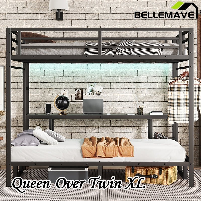 Bunk Bed: Queen Over Twin XL Black Metal with Desk
