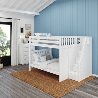 Bunk Bed: Queen Size Bunks White Bunk Bed with Staircase Storage