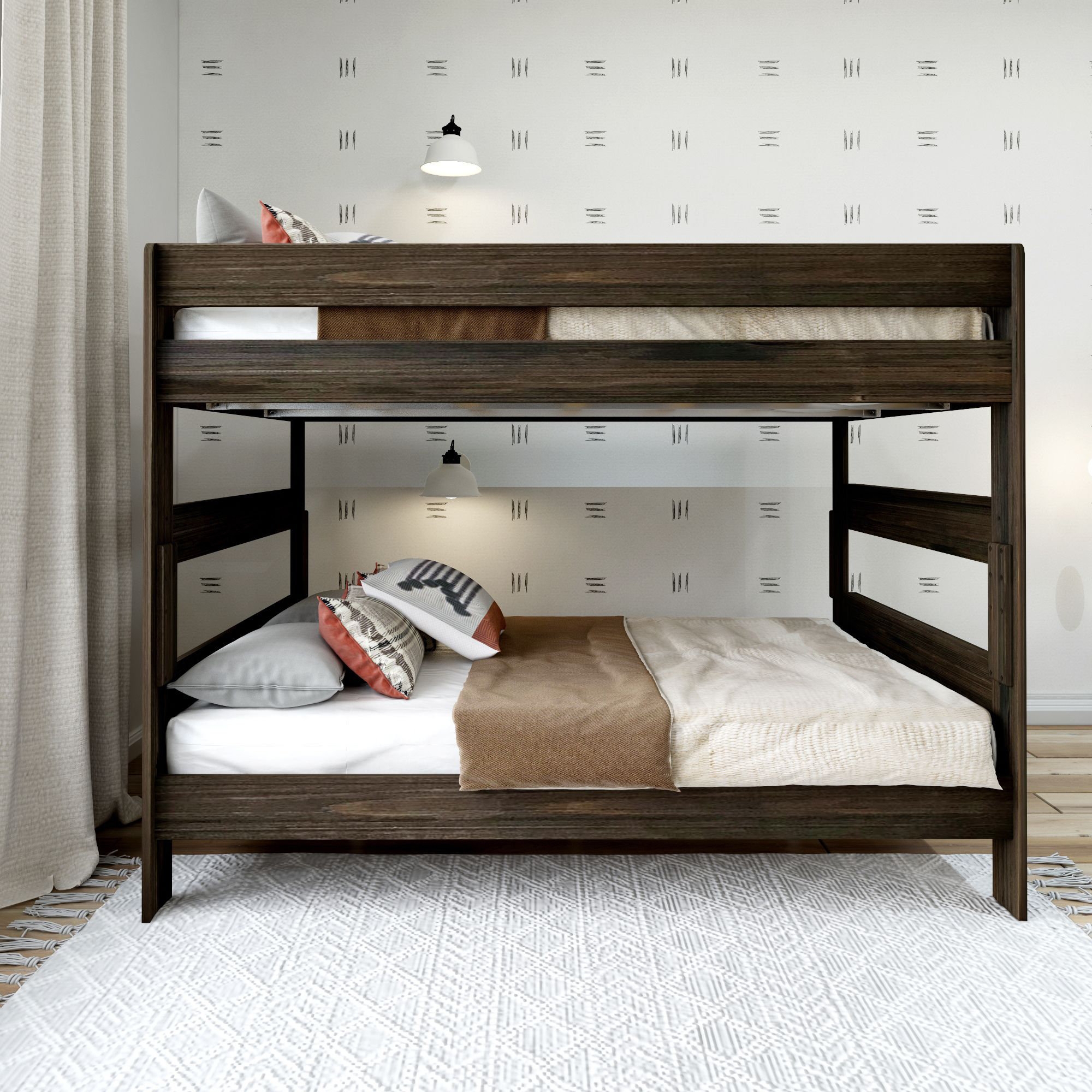 Bunk Bed: Rustic Barnwood Brown Queen Over Queen Slats