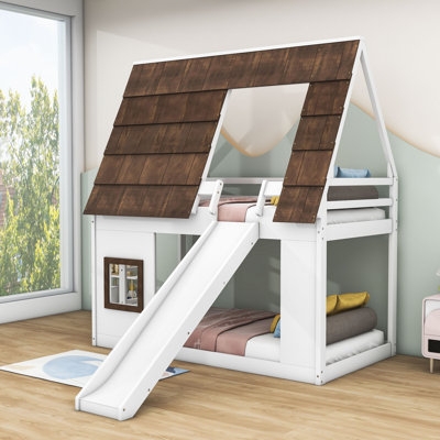 Bunk Bed Shingled Roof and Side Slide Playhouse Design