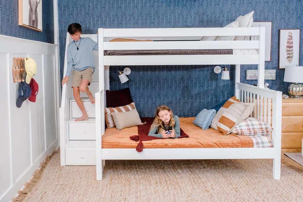 Bunk Bed: Staircase Drawers Queen Size Bunks White Painted Finish