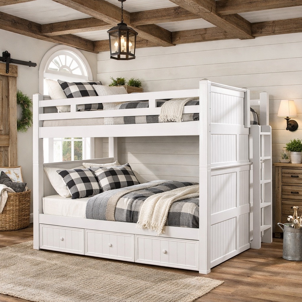 Bunk Bed: Three Drawer Base Queen Over Queen Farmhouse Bunk Frame