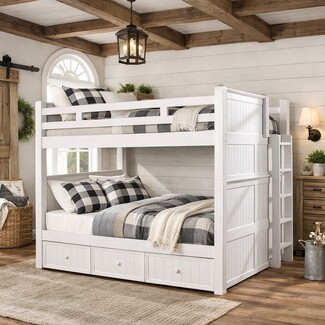 Bunk Bed: Three Drawer Base Queen Over Queen Farmhouse Bunk Frame