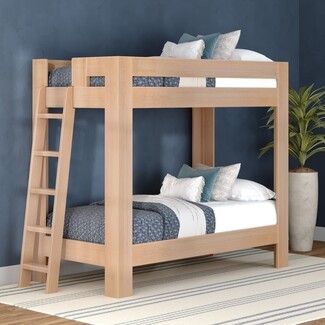 Bunk Bed: Twin XL Wood Frame with Square Posts Ladder