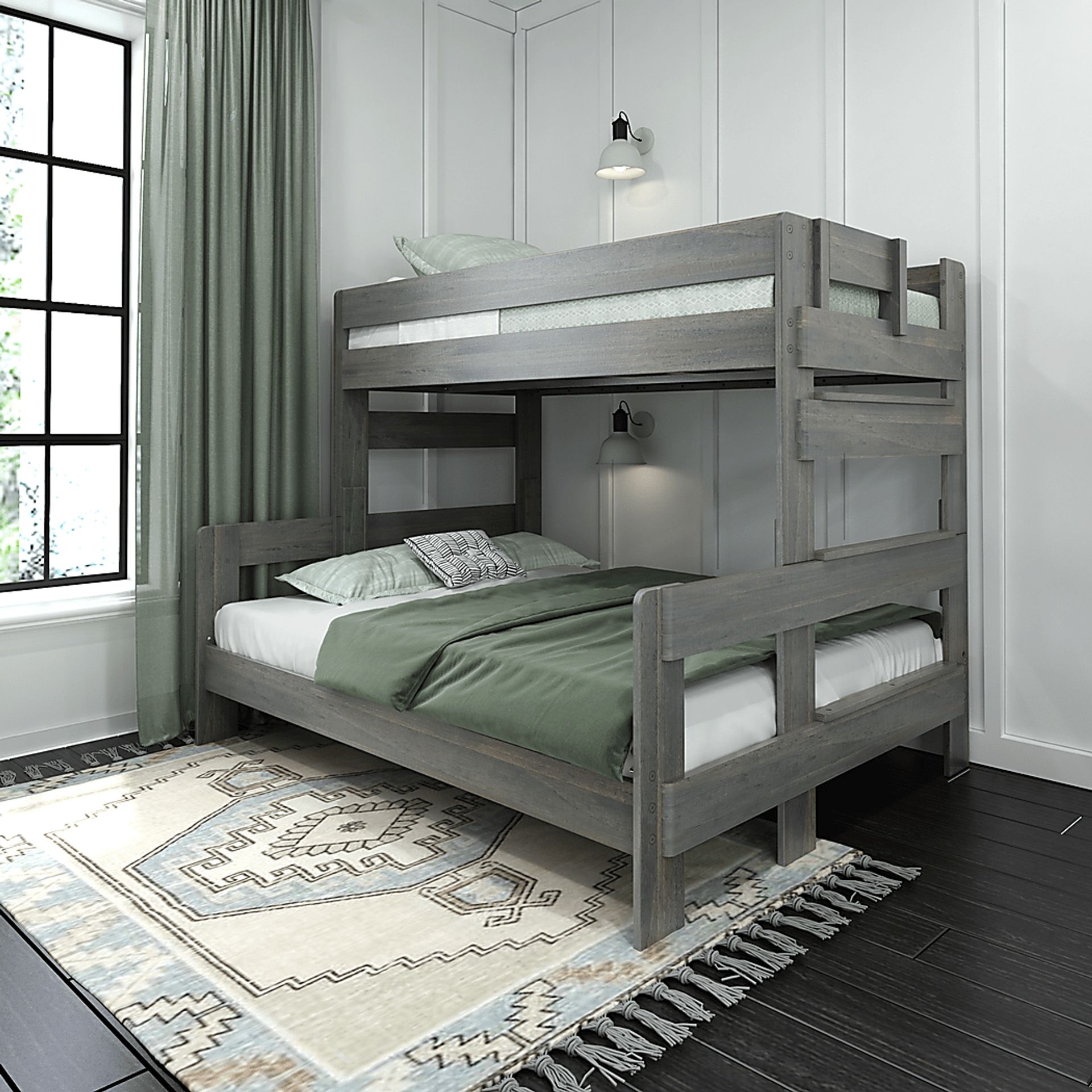 Bunk Bed: Weathered Gray Finish Queen Bottom Bunk Distressed Wood
