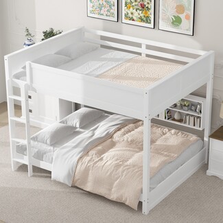 Bunk Bed: White Queen Over Queen with Integrated Shelving