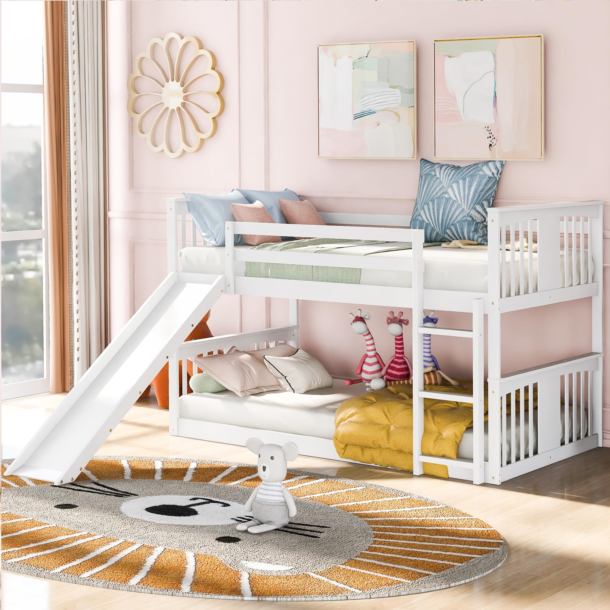 Bunk Bed White Slatted Frame and Slide Montessori Floor Bunk