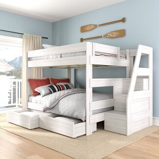 Bunk Bed: Whitewashed Storage Bunk Bed with Queen Over Queen Frame