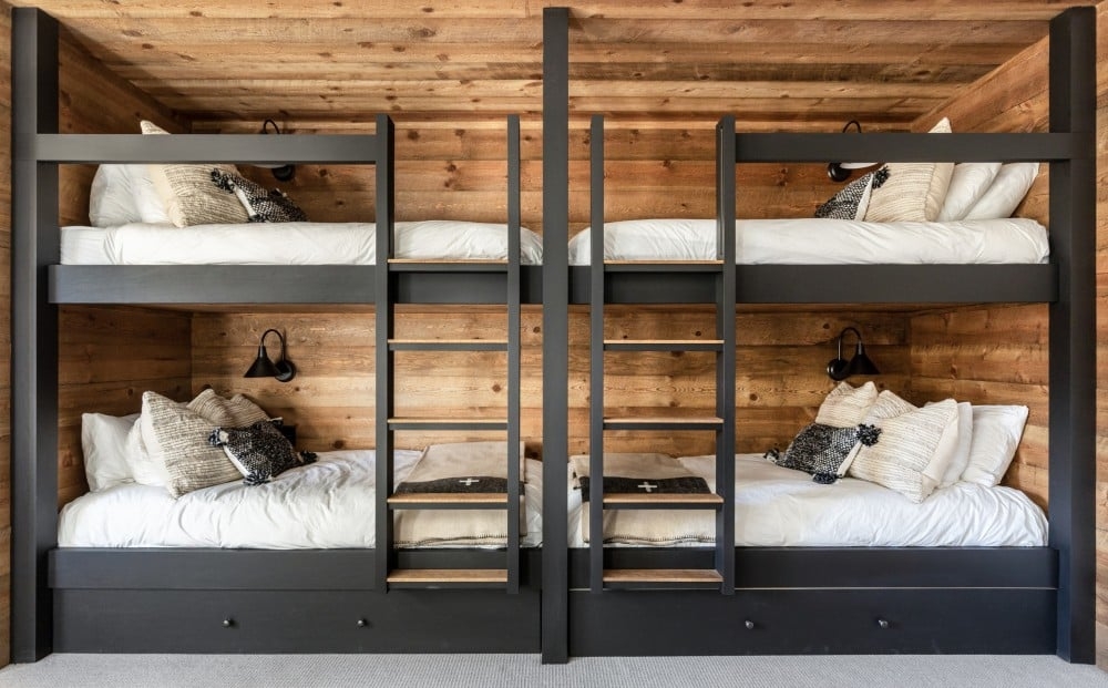 Bunk Beds: Floor to Ceiling Wood Panel Frame Mountain Bunk Room