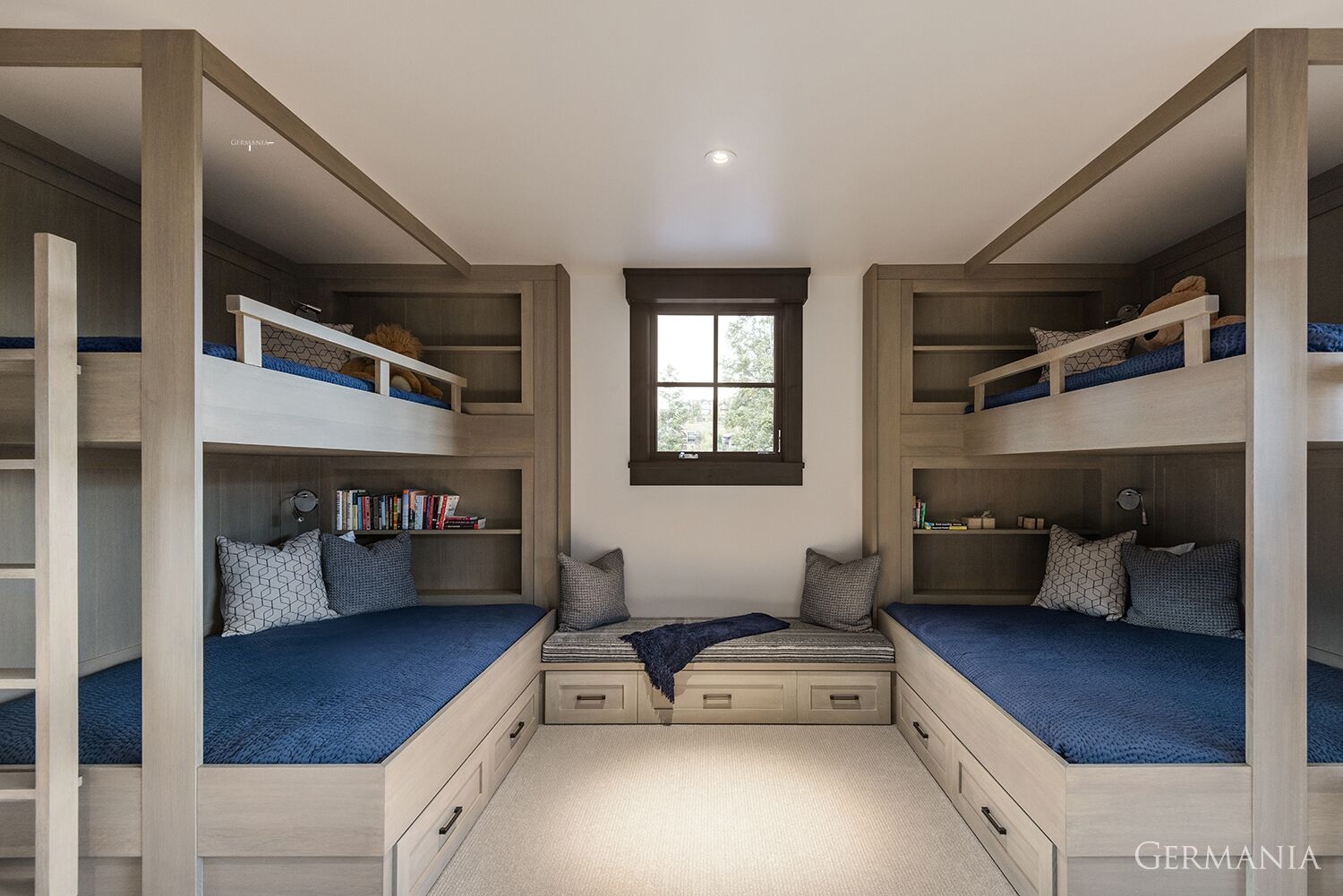 Bunk Beds: Integrated Shelving and Window Seat Luxury Bunk Room