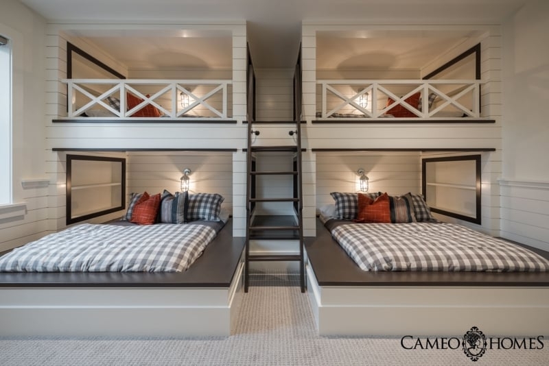 Bunk Beds: Quad Bunk Symmetrical Built-In Shiplap Bunk Room