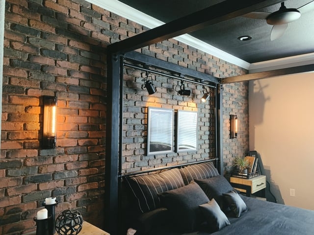 Canopy Bed Brick Accent Wall Matte Black Metal Frame