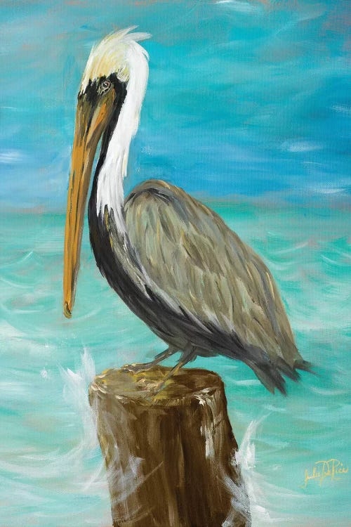 Canvas Art Single Pelican Weathered Post Coastal Painting
